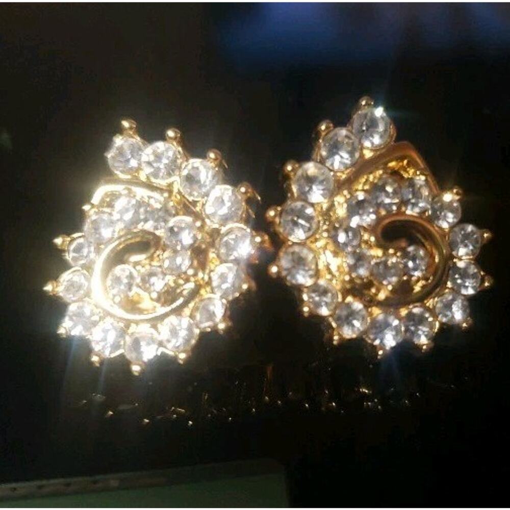 Monet Ammonite Swirl Rhinestone VTG Costume Jewelry Gold Tone